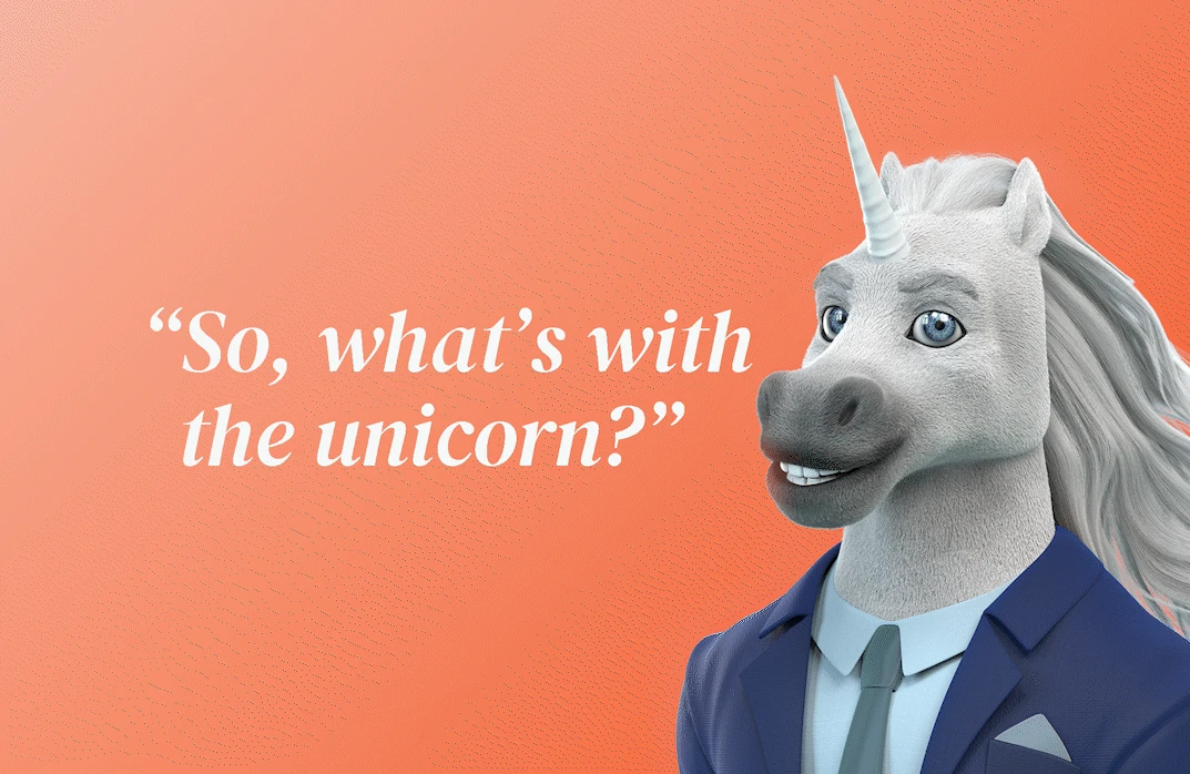 "So, What's With the unicorn?" text beside Larry the Unicorn, Litco Law's mascot